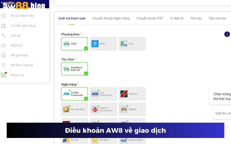 Tuân thủ các điều khoản AW8 về giao dịch nạp rút