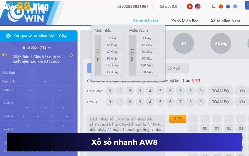 Xổ số nhanh tại AW8 có mức trả thưởng cao
